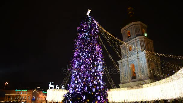 キエフ ウクライナ 2017 ウクライナの背景で人とサン ソフィアス大聖堂の鐘塔と新年のツリーのグループ — ストック動画