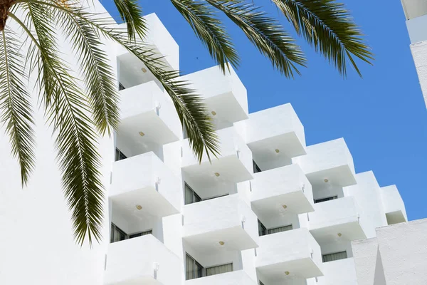 The palm tree and building of hotel, Mallorca, Spain