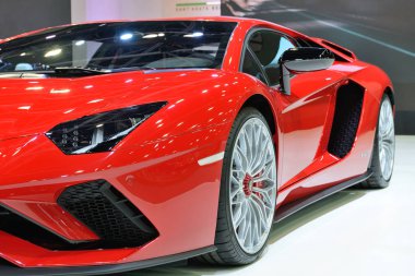 DUBAI, UAE - NOVEMBER 17: The Lamborghini Aventador S Coupe sportscar is on Dubai Motor Show 2017 on November 17, 2017  clipart
