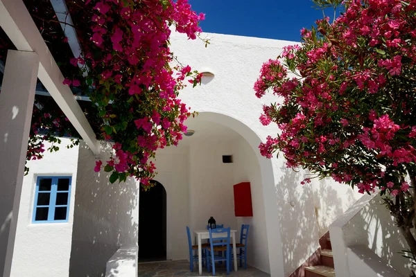 Edifício do hotel no estilo grego tradicional e flores de Bougainvillea, ilha de Santorini, Grécia — Fotografia de Stock