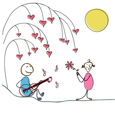 Birkaç aşk St. Valentine's Day üzerinde bir ağacın altında. Bir erkek bir kadın bir gitar çalar. Bu arada ona şarkı dokundu bir kızdır. Vektör görüntü.