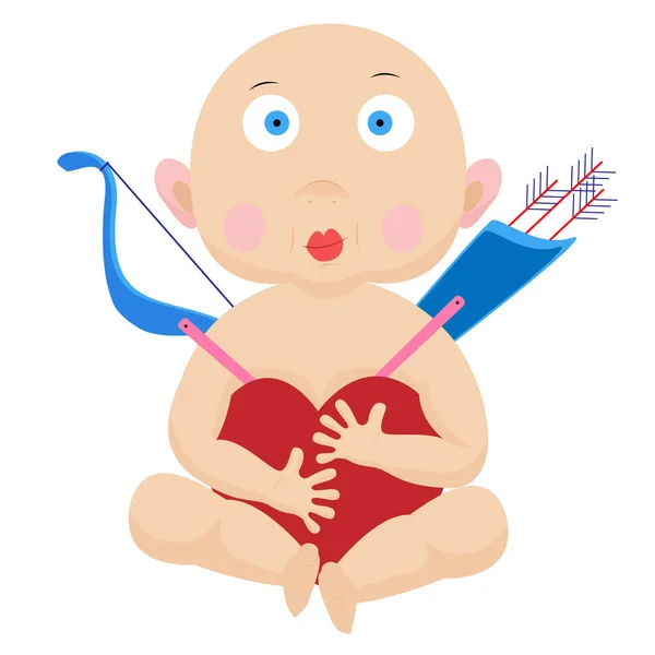 Little surprised cupid hugging a heart on a white background. — Stock Vector