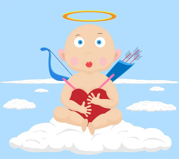 Little surprised cupid hugging a heart on blue sky. — Stock Vector