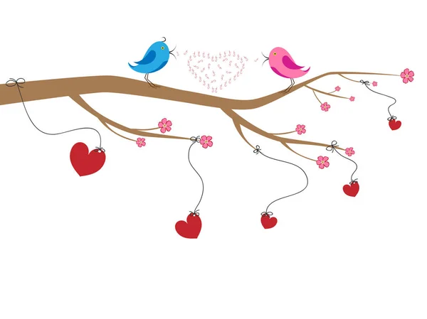 Deux oiseaux aimants s'assoient sur une branche d'arbre et chantent. Illustration vectorielle . — Image vectorielle