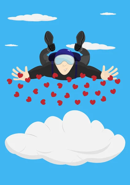 El paracaidista vuela en las nubes y esparciendo los corazones de papel admite el amor en el día del santo día de San Valentín . — Vector de stock