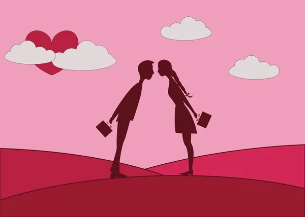 Jeune couple amoureux attiré par l'autre et se cachant derrière pobarki le jour de la Saint-Valentin. Et au-dessus des jeunes, le cœur se cache dans les nuages . — Image vectorielle