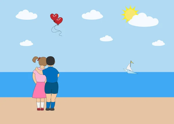 Листівка для хлопчика і дівчинки-валентинки, яка дивиться на море на двох вихідних повітряних кулях у формі серця і яхти на горизонті. Векторні ілюстрації . — стоковий вектор