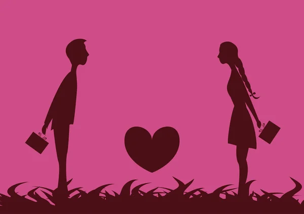 Pareja joven enamorada atraída la una por la otra y escondida detrás del regalo en el Día de San Valentín. Entre los jóvenes está el corazón . — Vector de stock