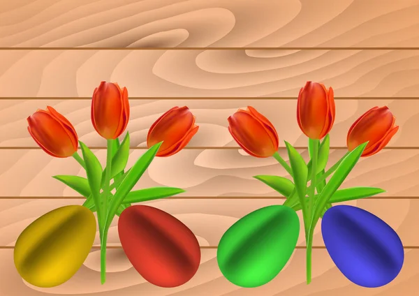 Joyeux design de carte de Pâques avec des œufs peints et des fleurs de tulipe sur fond en bois. Illustration vectorielle colorée . — Image vectorielle