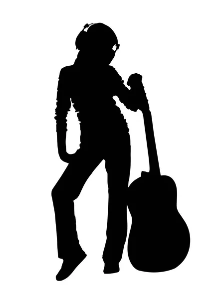 Silhouette of a guitarist in a cap and headphones. Vector image. — Stock Vector