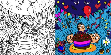 Çocukların neşeli şirketi. Vektör çizim tarzı doodle.