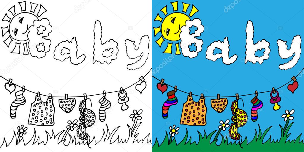 The babys clothes hang on a rope under the sun. Vector illustration in the style of doodle.