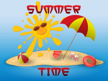 Yaz kavramsal bayrağı sahilde plaj öğeleri ile yaz saati.