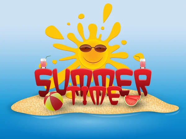 Summer conceptual banner of summer time with beach elements on the beach. — Stock Vector