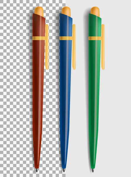 Una serie di penne a sfera di tre colori su uno sfondo isolato. Illustrazione vettoriale . — Vettoriale Stock