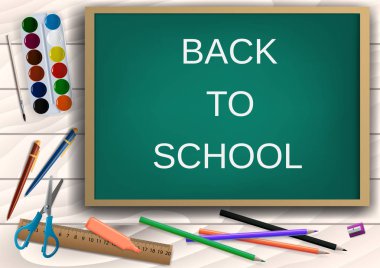 3D Realistic Back to School Title Poster Design in a Blackboard with School Items. Editable Vector Illustration. clipart