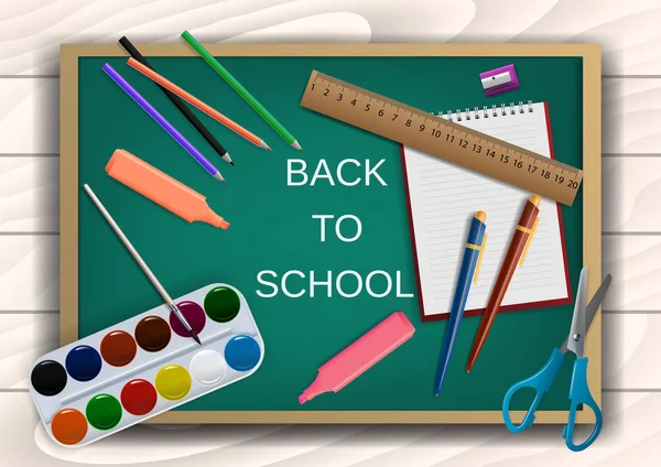 3D Realistic Back to School Title Poster Design in a Blackboard with School Items. Editable Vector Illustration. — Stock Vector
