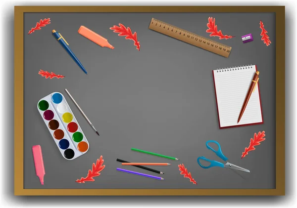 3D реалистичный дизайн плакатов в доске со школьными предметами. Векторная таблица . — стоковый вектор