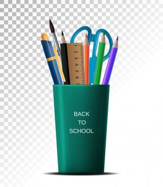 3D gerçekçi geri okula. Bir fincan beyaz arka plan şeffaf yalıtım üzerinde okul malzemeleri.
