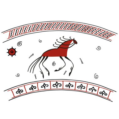 Dörtnala koşan at dünya üzerinde, gök kubbe altında ve gök kubbenin altında yağmurla dolu. Mezensky resim tarzında vektör illüstrasyonu.