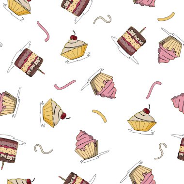 Yüzeyde dağınık kek ve hamur işlerinden oluşan kusursuz bir desen. Vektör illüstrasyonu.