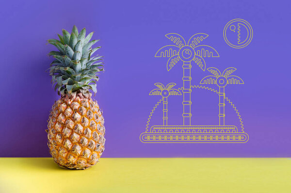 Ананас на фиолетовом фоне, рисунок с пальмами и узорами
