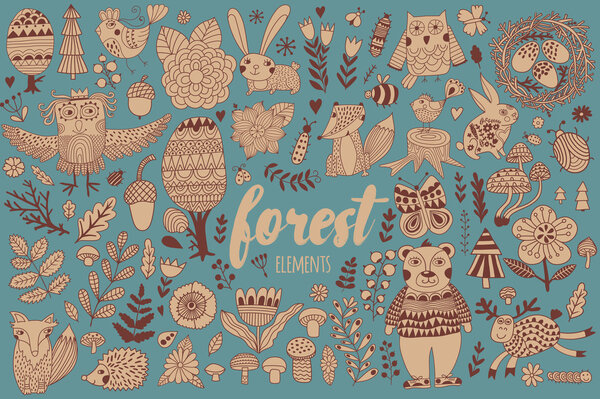 Vector forest elements in doodle childish style