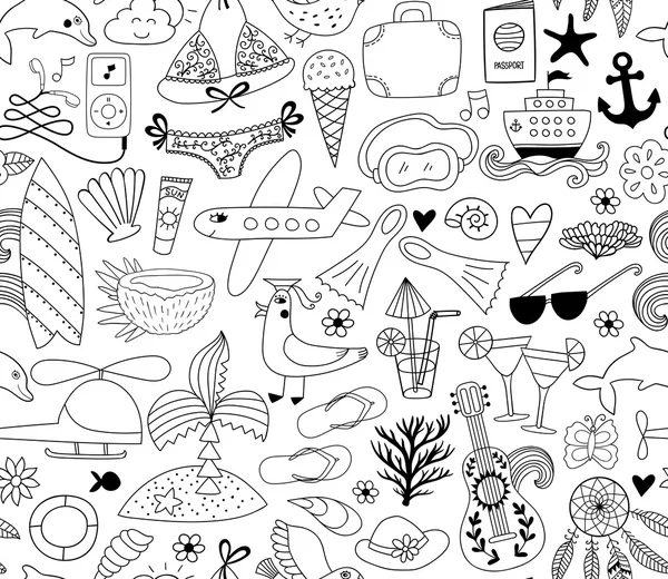 Ensemble de vacances d'été éléments doodle, motif sans couture — Image vectorielle