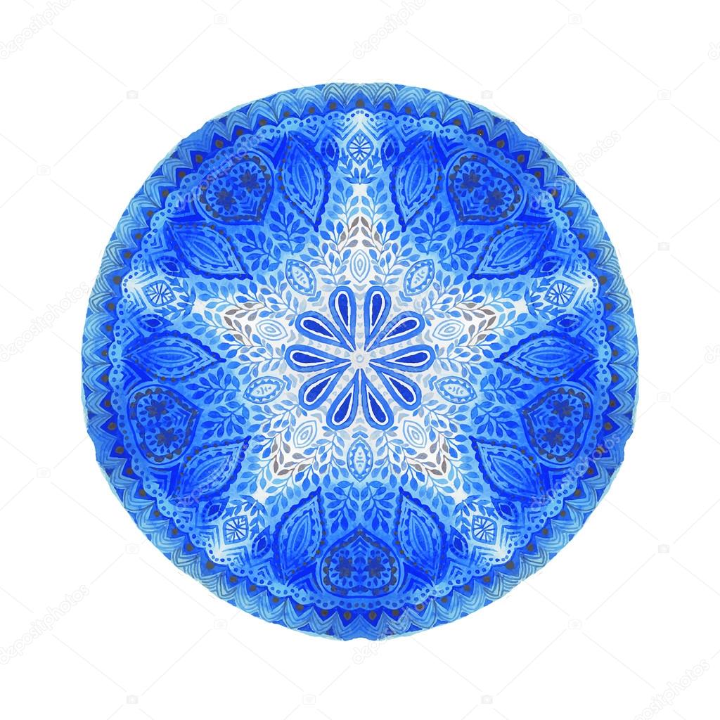 Watercolor mandala, lace ornament made of round pattern in oriental style.