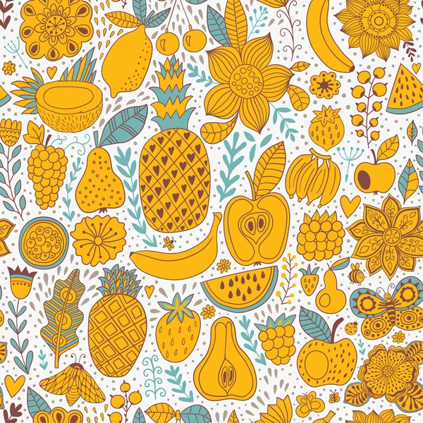 Fruit doodles seamless vector pattern. Hand drawn summer backdrop — Stock Vector