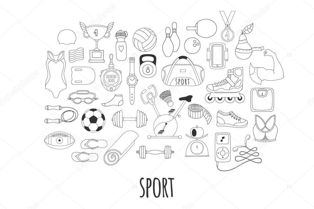 Hand drawn vector fitness and sport doodle icons set