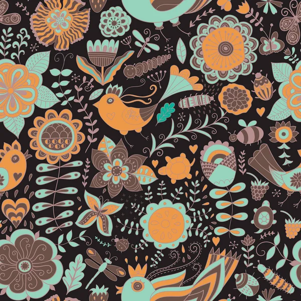 Texture botanique sans couture colorée, illustrations de fleurs détaillées — Image vectorielle