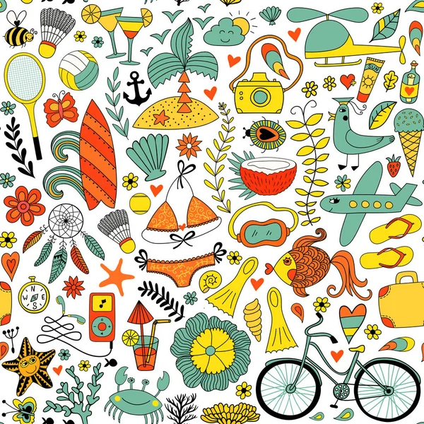 Summer vacation set doodle elements, seamless pattern — Stock Vector