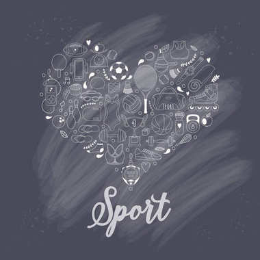 Sağlıklı yaşam tarzı arka plan, spor, elle çizilmiş doodle kümesi seviyorum