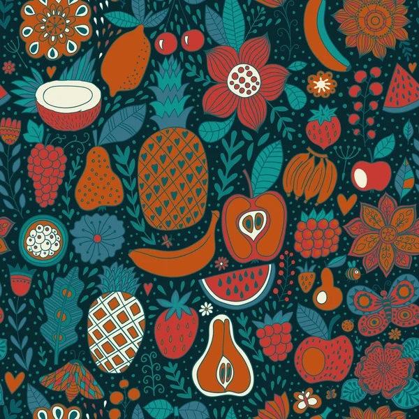 Fruit gribouille motif vectoriel sans couture. Fond d'été dessiné à la main — Image vectorielle