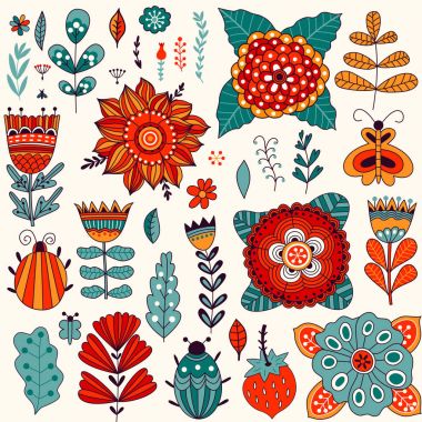 Çiçekli kart tasarımı, yaprak doodle öğeleri