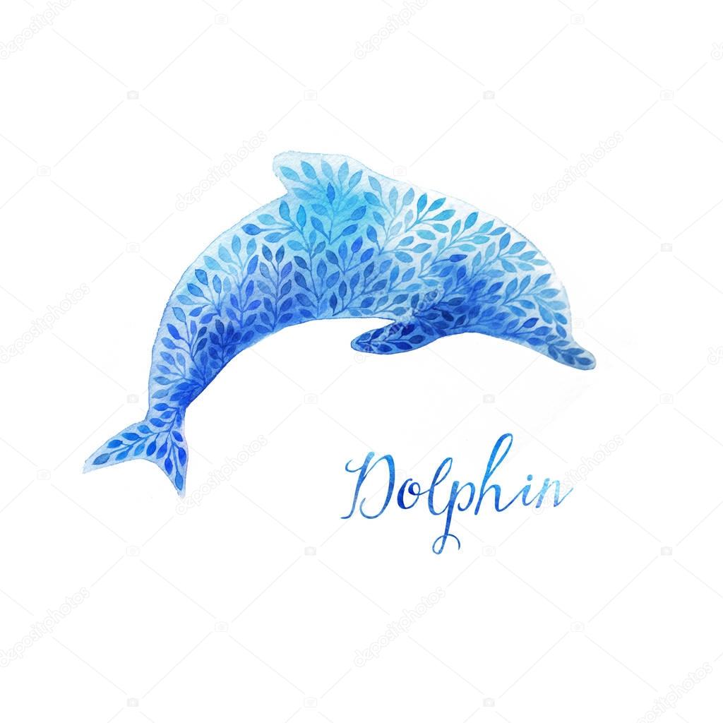 Blue Whale Illustration. Watercolor whale. illustration of watercolor whale, made of blue flower ornament