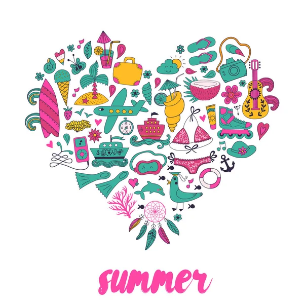 Design de coração de verão feito de elementos da temporada doodle — Vetor de Stock