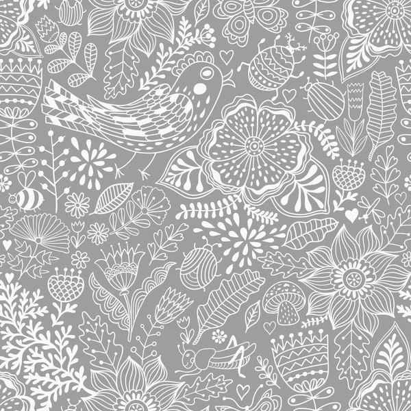 ベクターの花模様。カラフルなのシームレスの植物園テクスチャ、詳細な花イラストです。すべての要素はないトリミングされ、マスクの下に隠れます。落書きスタイル、春の背景 — ストックベクタ