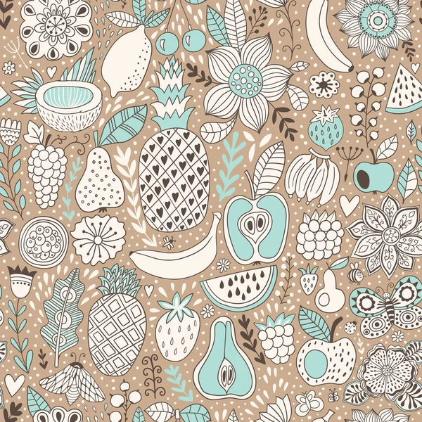 Fruit gribouille motif vectoriel sans couture. Fond d'été dessiné à la main — Image vectorielle
