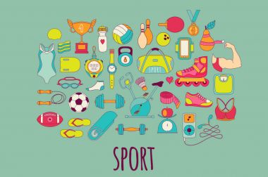Elle çizilmiş vektör fitness ve spor Icons set doodle
