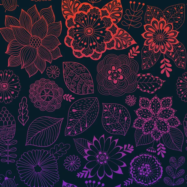 ベクターの花模様。カラフルなのシームレスの植物園テクスチャ、詳細な花イラストです。すべての要素はないトリミングされ、マスクの下に隠れます。落書きスタイル、春の花の背景. — ストックベクタ