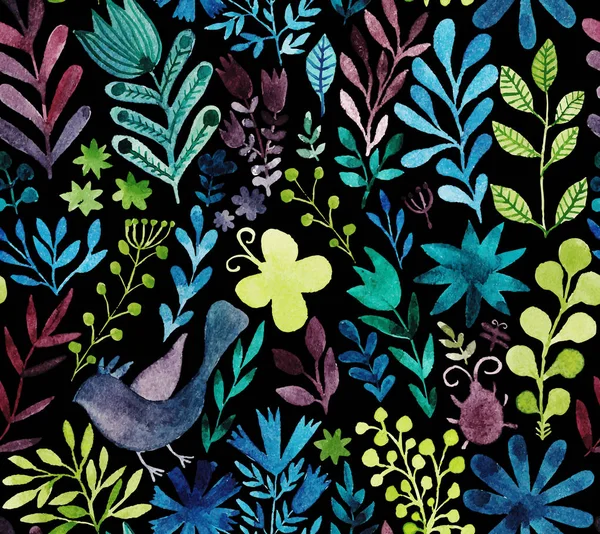 Акварельная текстура с цветами и растениями. Цветочные украшения. Оригинальные цветы на черном фоне . — стоковый вектор