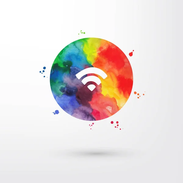 Векторная радужная решетка и акварельная иконка wifi внутри круга с красками и пятнами — стоковый вектор