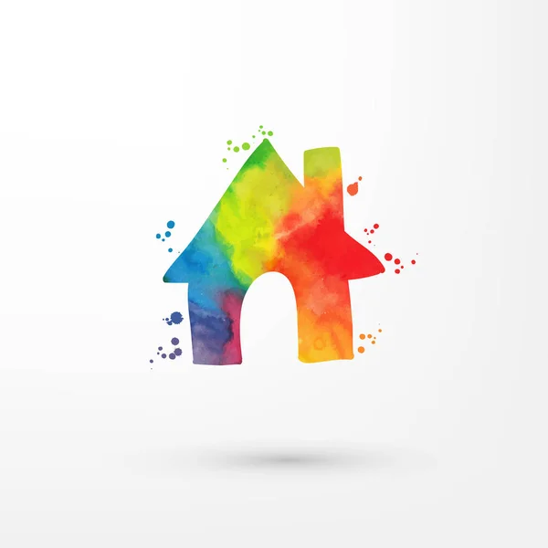 Vektor Rainbow Grungy Aquarell Home Ikone innerhalb Kreis mit Farbflecken und Flecken, Malerei des Hauses. — Stockvektor