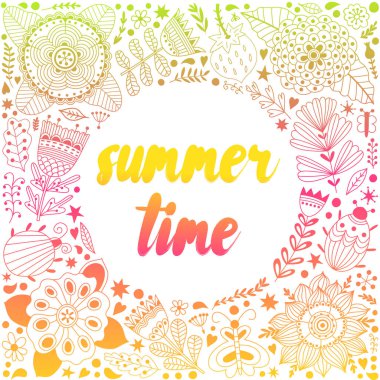 Çiçekler ve otlar oluşan çelenk illüstrasyon.