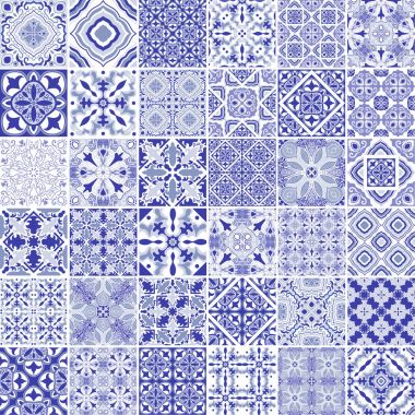 Geleneksel süslü Portekizce dekoratif azulejos döşer. Vintage model mavi tema. Arka plan. Vektör elle çizilmiş illüstrasyon, tipik Portekizce fayans, seramik. Mandalalar kümesi