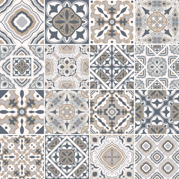 Geleneksel Portekiz dekoratif fayansları azulejos. Soyut arkaplan. Vektör el çizimi, tipik Portekiz fayansları, seramik fayanslar. Mandalas seti — Stok Vektör
