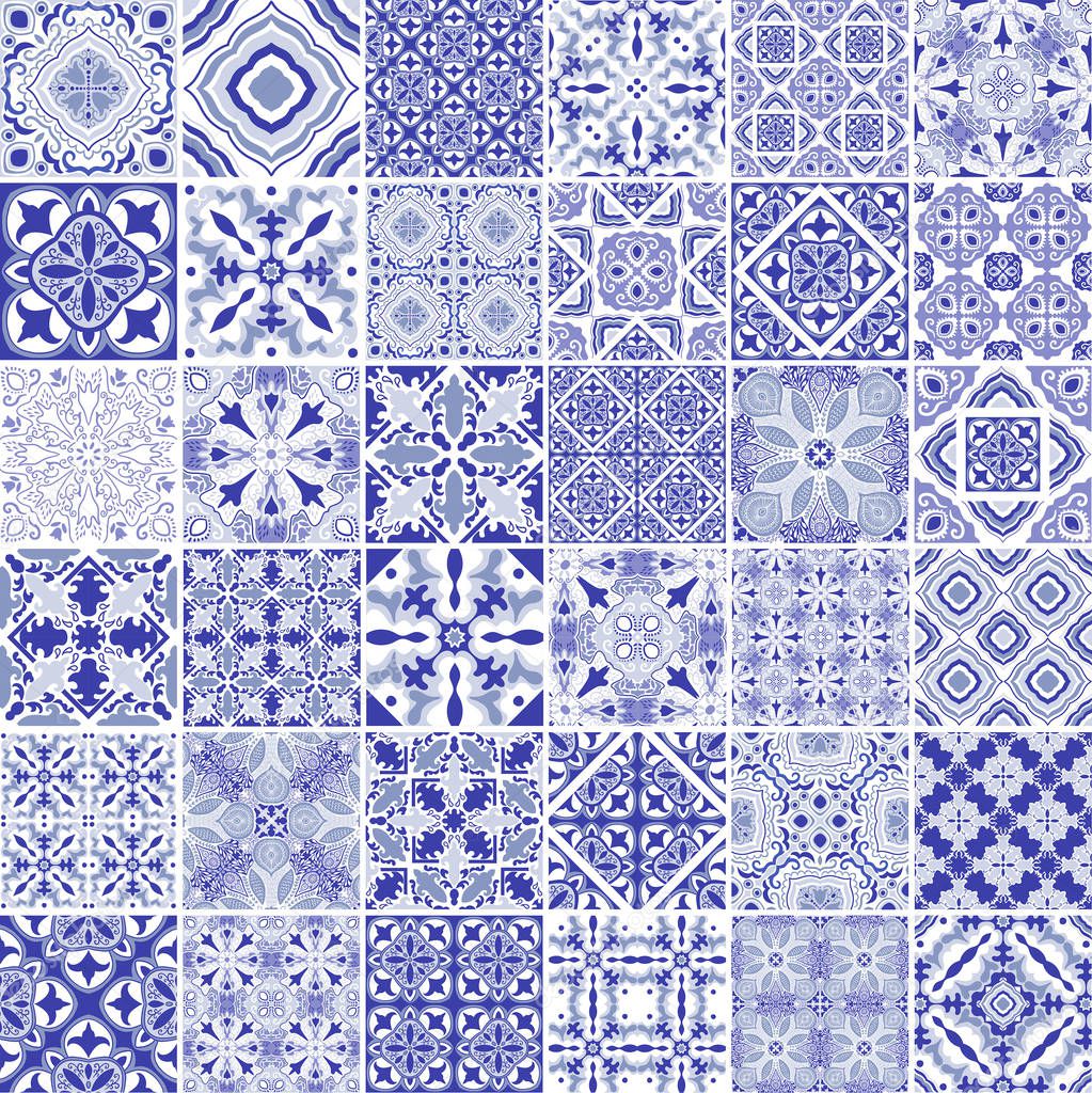 Traditional ornate portuguese decorative tiles azulejos. Vintage pattern in blue theme. Abstract background. Vector hand drawn illustration, typical portuguese tiles, Ceramic tiles. Set of mandalas