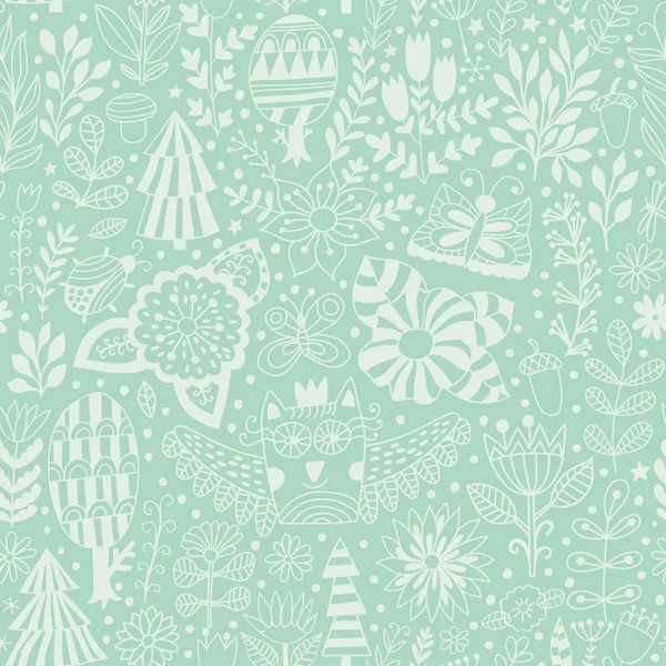 Motif floral vectoriel sans couture avec forêt, hibou, arbres . — Image vectorielle